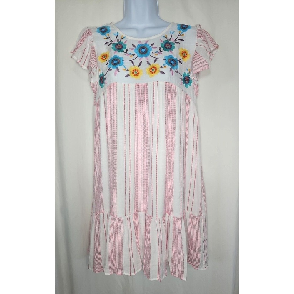 Blu Pepper Juniors Striped Babydoll Style Embroidered Mini Dress Size Medium NWT